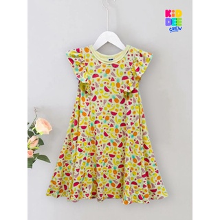 KiddeeCrew ชุดกระโปรงระบายแขน ลายผลไม้ สีเหลือง Yellow fruit print dress เหมาะสำหรับอายุ 2-10 ปี