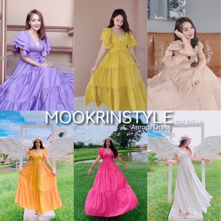 Mookrinstyle เดรสคอวีแขนระบาย สวยงาม ชุดไปทะเล เดินชายหาด สไตล์เจ้าหญิง maxidress dress