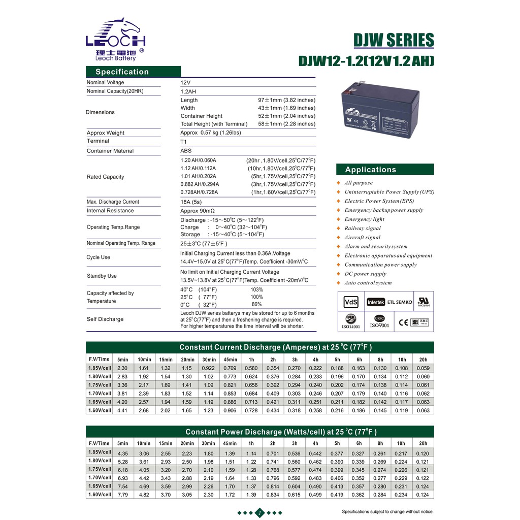 LEOCH แบตเตอรี่ แห้ง DJW12-1.2 ( 12V 1.2AH ) แบต สำรองไฟ UPS ไฟฉุกเฉิน อิเล็กทรอนิกส์ ไฟสำรองรถยุโรป - รูปที่ 6