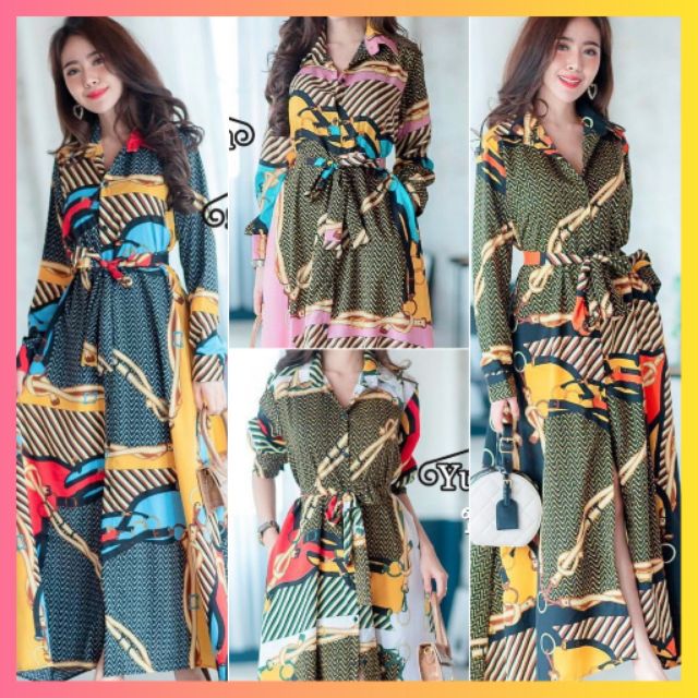 เดรสเชิ้ต Maxidress เดรสผู้หญิง สีเขียว แขนยาว ชุดคลุม สไตล์เกาหลี เดรสผูกเอว ฮาวาย สาวอวบ ขาว ชมพู 