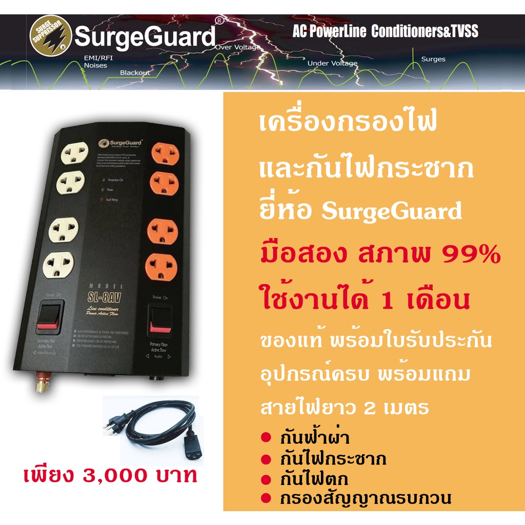 เครื่องกรองไฟ กันไฟกระชาก กรองกระแสไฟฟ้าและลดทอนสัญญาณรบกวน ยี่ห้อ SurgeGuard รุ่น SL-8AV Power Line