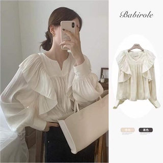 🌺Blouse เสื้อเบลาส์มินิมอล เสื้อเชิ้ตตัวหลวม เสื้อสไตล์เกาหลี แขนยาวแต่งระบายช่วงคอ น่ารักมากก💓ดีไซน์มาก