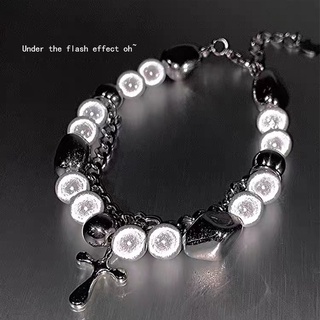 New double-layer reflective pearl cross bracelet ins net red hip-hop personality light luxury niche design mens and womens hand jewelry