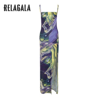 Relagala ชุดเดรส สายคล้องคอ พิมพ์ลาย ทรงสลิมฟิต แฟชั่นสตรี