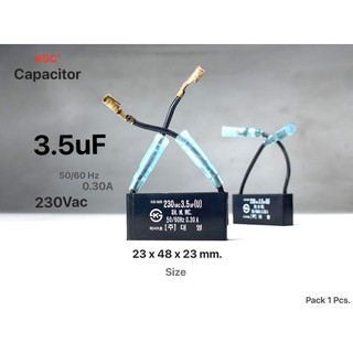 คาปาซิเตอร์ 3.5uF 230Vac Capacitor "KSC" AC ดำแบนมีหู  พร้อมสายจั้มหัวทองเหลือง 5mm. มีหูยึด ค่อมเสียงแหลมได้