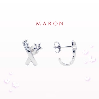 MARON - Feo Stars Cross Earrings ชุบสี White Gold ต่างหูแป้น พลอยเพทายสีขาว เงินแท้925