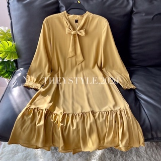 THEYSTYLE.2020 เดรสแขนยาวสีเหลืองคอผูกโบว์ ไซส์xl-4xl เดรสสาวอวบไซส์ใหญ่ สาวพลัสไซส์