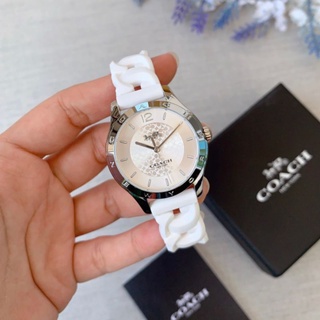 🎀 (สด-ผ่อน) นาฬิกาสายยางซิลิโคนขาว เปียเกลียว 14503417 COACH Womens Gold Boyfriend White Silicone Strap Watch 32 mm