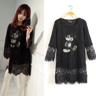 (สินค้าพร้อมส่งค่ะ) ชุดเดรสเกาหลี คอกลม แขนยาว ผ้า lace