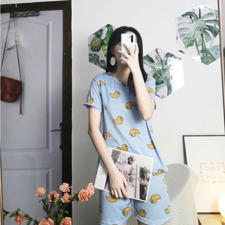 YJ shop9🌈 ชุดลำลอง ชุดนอนเจ้าเป็ด🐣ชุดอยู่บ้าน เซ็ทเสื้อกางเกง ชุดสีฟ้า น้ำเงิน กางเกงขาสั้น เสื้อแขนสั้น ชุดแฟชั่น✨