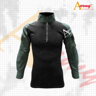 เสื้อคอมเเบตเชิ้ต / Combat Shirt ดำ ผ้ากันลมเขียว / Spandex ลำตัวดำ แขนผ้ากันลมเขียว