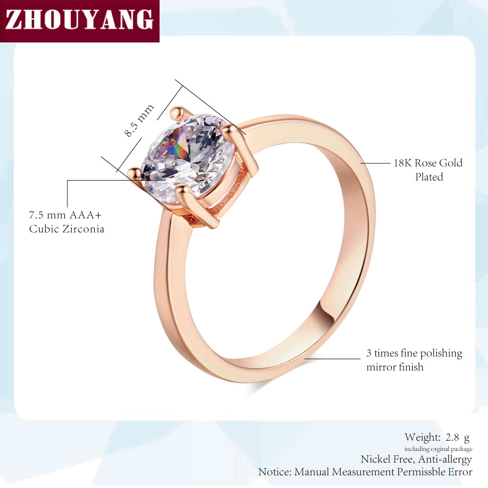 ZHOUYANG แต่งงานสำหรับผู้หญิงสี่ Claw 8mm แหวนเพชร หมั้นกุหลาบสีขาวสีทอง Flashion เครื่องประดับเพื่อนสาวของขวัญ R333 R335 - รูปที่ 2