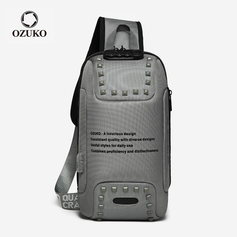 Ozuko กระเป๋าคาดอก สะพายไหล่ ประดับหมุด กันน้ํา กันขโมย ชาร์จ Usb แฟชั่นสําหรับผู้ชาย
