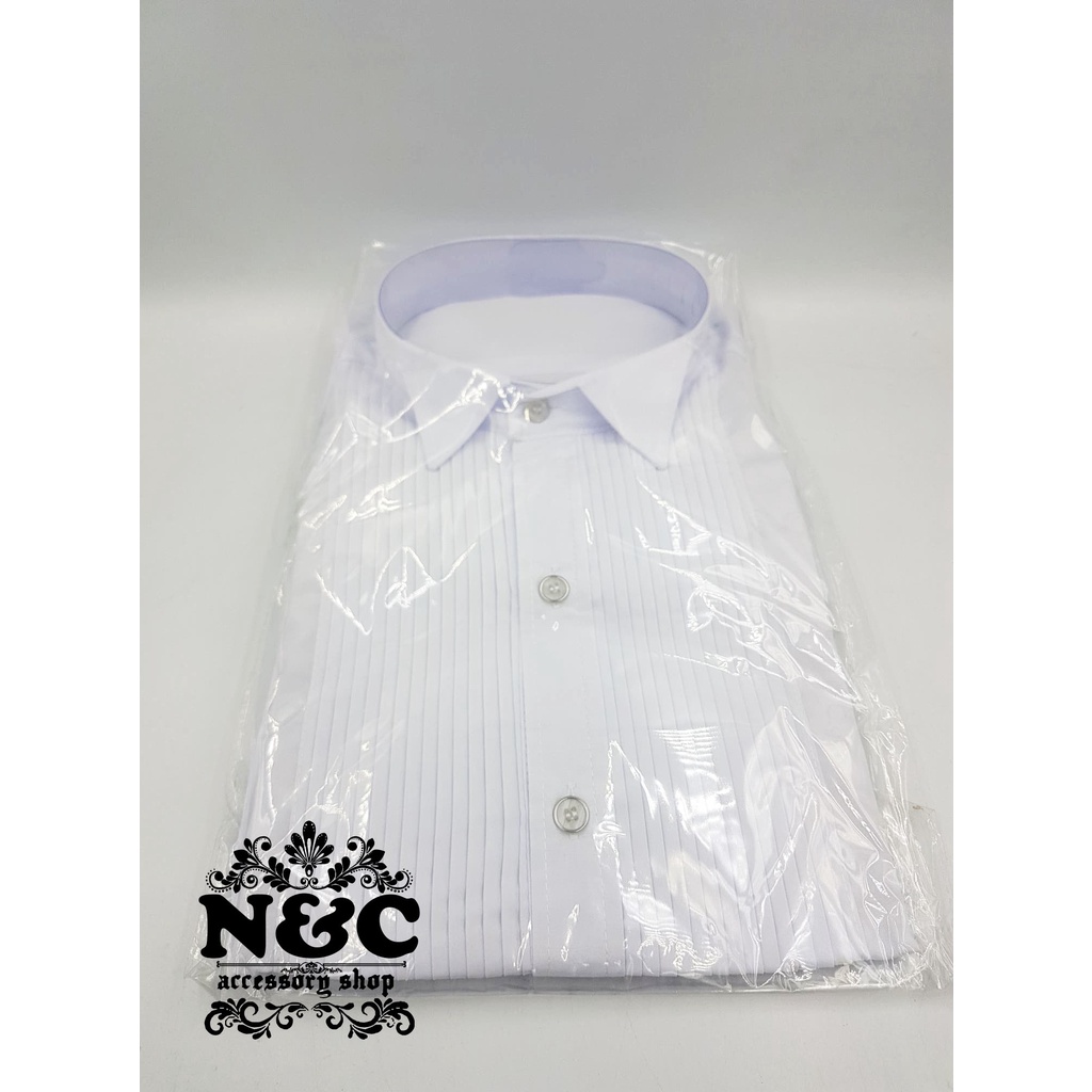 เสื้อเชิ้ตตีเกร็ด/เสื้อเจ้าบ่าวสีขาว "เนื้อบาง" สำหรับใส่กับทักซิโด้/สูท(แขนยาว)