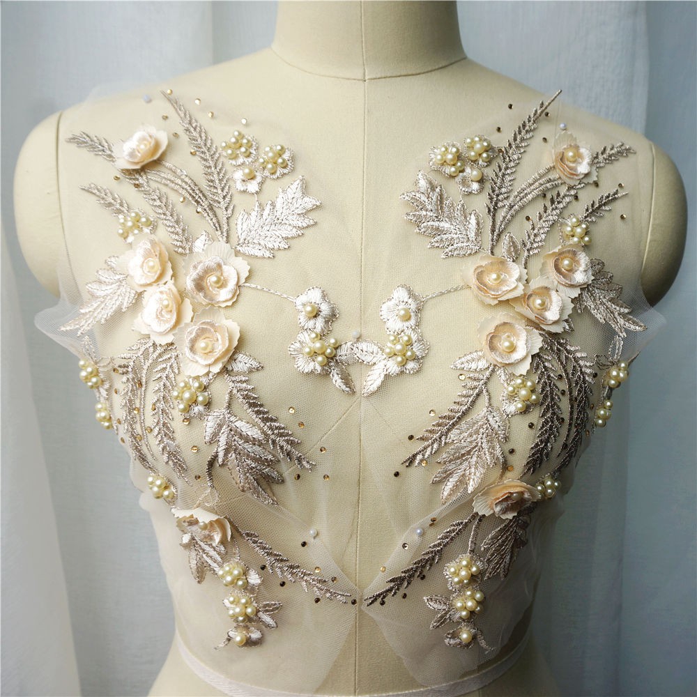 2 ชิ้นแชมเปญเย็บปักถักร้อยมุกลูกไม้ Applique ดอกไม้ตาข่ายสุทธิตัดผ้าปกชุดแต่งงาน DIY