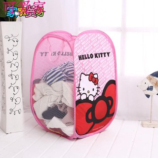 ❤Kt [Cute Home] ตะกร้าผ้าไนล่อน ลายการ์ตูน Hello Kitty น่ารัก พับได้ สําหรับใส่เสื้อผ้าใช้แล้ว