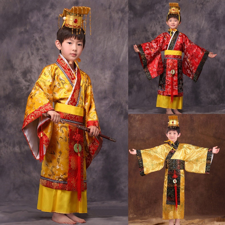 ชุดเครื่องแต่งกายคอสเพลย์ ชุดราชาจักรพรรดิจีน แบบดั้งเดิม สีแดง พร้อมหมวก สําหรับเด็กผู้ชาย