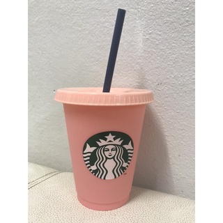 แก้วพลาสติก พร้อมหลอด Starbucks สีชมพู ขนาดจุ 473ml