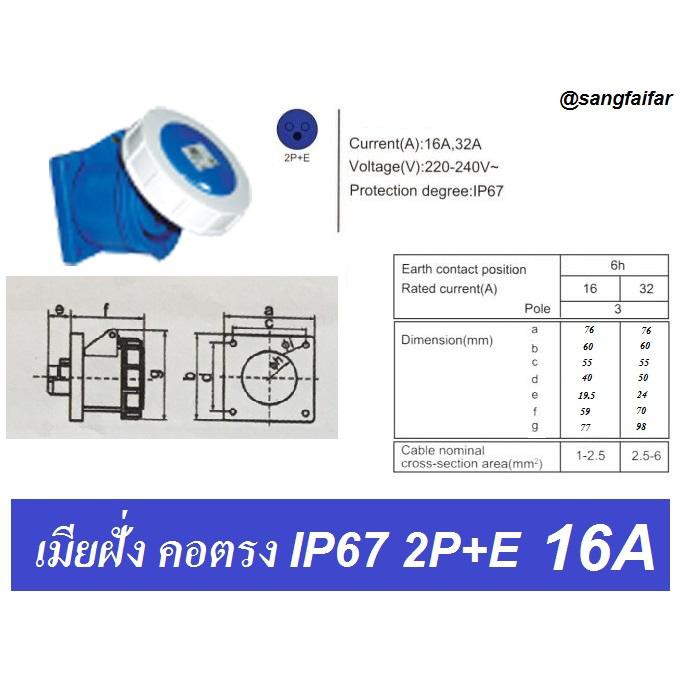 ปลั๊กเพาเวอร์ ตัวเมีย ฝั่ง คอตรง 3 ขา (2P+E) กันน้ำ 6h IP67 220-250V ปลั๊กสนาม POWER PLUG