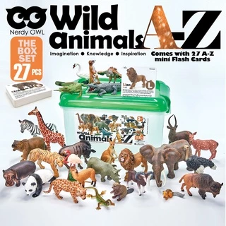 ของเล่นสัตว์ป่า A-Z 27 ตัวพร้อมแฟลชการ์ดคู่กัน พร้อมกล่องหูหิ้ว ของเล่นเสริมพัฒนาการ Nerdy Owl Wild Animas A-Z Toy Set