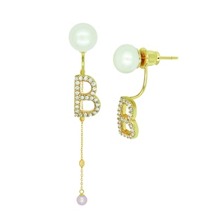 A.CEMI  Gold Plated- Initial Earring + Long Romantic Charm Set เซ็ทต่างหูต่างหูเงินแท้ชุบทอง ต่างหูตัวอักษร ต่างหูมุก