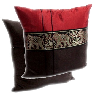 A29 -Thai Silk Pillow Covers ปลอกหมอนอิง Two Tone ลายช้า ไหมไทย สีน้ำตาลเข้ม-แดง