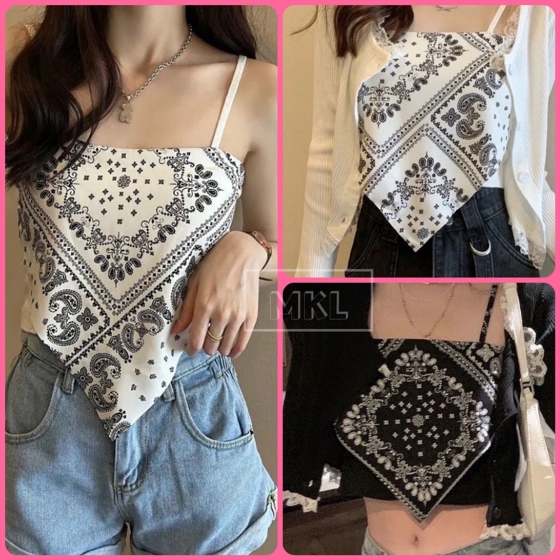 MKL พร้อมส่ง เสื้อสายเดี่ยว ไหมพรมแต่งผ้า ทรงสามเหลี่ยม ลวดลายสวยงาม สไตล์เท่ๆคูลๆ #32036
