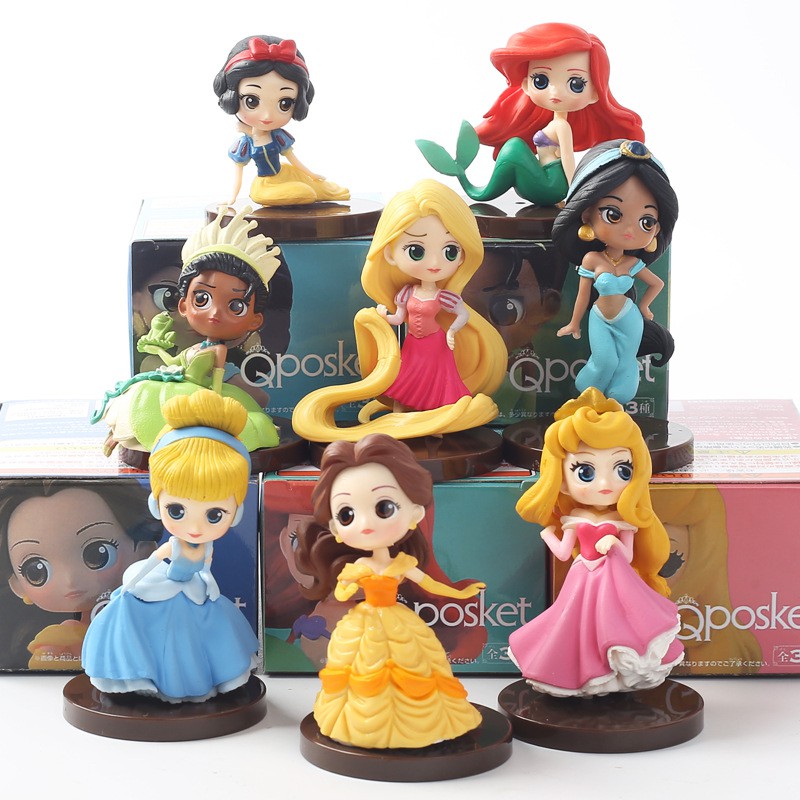 8 ชิ้น/เซ็ต 5-8 ซม.อะนิเมะการ์ตูนเจ้าหญิงรูป Snow White Rapunzel Cinderella Mermaid Ariel Bella Jasmine รุ่น Q PVC ตัวเลขการกระทําตุ๊กตาของเล่น