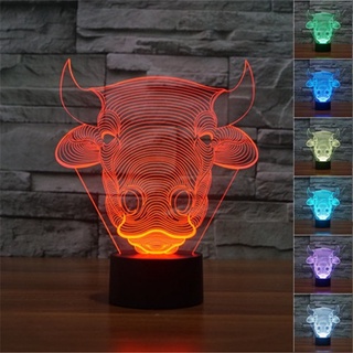 โคมไฟตั้งโต๊ะ LED รูปวัว 3D ไล่โทนสี 7 สี ชาร์จ USB