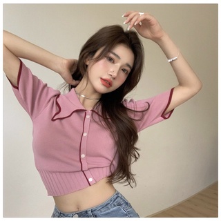 ❂¤♟Cicishop(พร้อมส่ง)เสื้อไหมพรมคอปกแขนสั้น ดีเทลกระดุมผ่ากลาง(แกะไม่ได้) สีพาสเทลคิ้วท์ๆ(600)