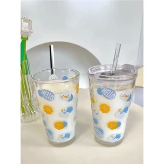 -แก้ว 💗 ถ้วยนมลายเป็ดน้อยน่ารัก 💗 ความจุ 450ml แถมหลอดและฝาปิด! สไตล์เกาหลี🌈ส่งจากไทย🌈