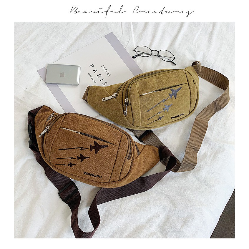 (W59)กระเป๋าคาดอก ลายเครื่องบิน ผ้าแคนวาสหนา สไตส์เท่ๆ vgetbag