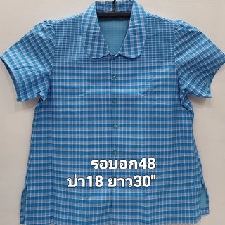 เสื้อเชิ๊ตอัดกาวคอบัวลายสก๊อตฟ้า หญิง