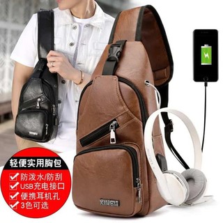 ส่งฟรี BAG SLING NEW กระเป๋าหนังผู้ชาย SLING BAG USB PORT Skin 1 - Young Chocolate !!