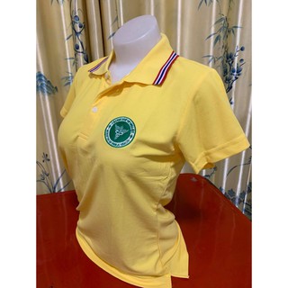 สีเหลือง ปกริ้วธงชาติ คอปกโปโล เสื้อผู้หญิงแขนสั้น ปักตราสาธารณสุข เสื้อทำงาน โรงพยาบาล อนามัย รพ.สต. อ.ส.ม.