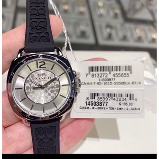 (ผ่อน0%) นาฬิกา Coach Womens Boyfriend Signature Black Strap Silver Dial Watch 14503877 สายซิลิโคนสีดำ หน้าปัด 34 มม.