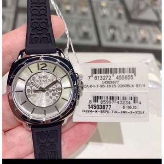 (ผ่อน0%) นาฬิกา Coach Womens Boyfriend Signature Black Strap Silver Dial Watch 14503877 สายซิลิโคนสีดำ หน้าปัด 34 มม.