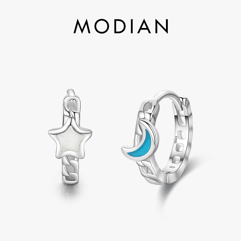 Modian ต่างหูห่วง เงินแท้ 100% 925 รูปดาว และดวงจันทร์ เครื่องประดับ สําหรับผู้หญิง