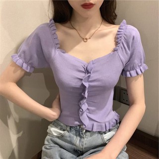 พร้อมส่ง🌟เสื้อครอปคอกว้าง แขนสั้นกระดุม เสื้อเอวลอย มีเก็บปลายทางนะคะ