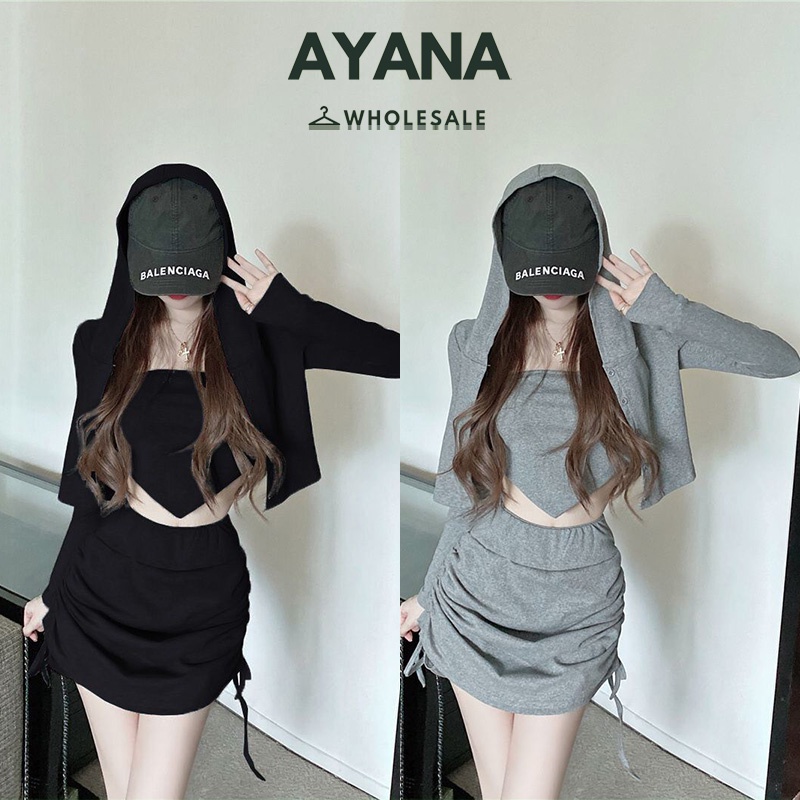 เซท2ชิ้นเสื้อแขนยาว+กระโปรงสั้นรูดข้างสีพื้นๆ ชุดเซทเกาหลี3ชิ้น ชุดเซทคาร์ดิแกนแขนยาว+เกาะอก+กระโปรงราคาโปรโมชั่น