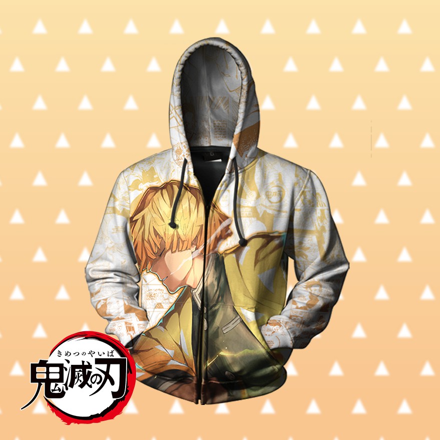 Kimetsu No Yaiba Zenitsu เสื้อแจ็คเก็ตมีฮู้ดพิมพ์ลายการ์ตูนอนิเมะ