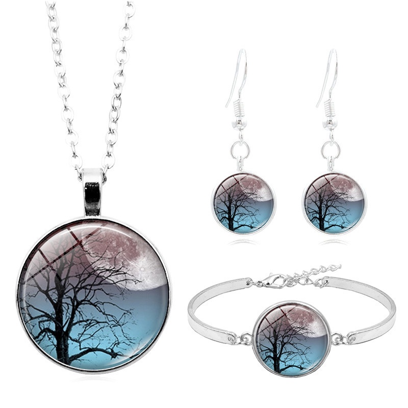 LE Retro Tree Of Life Cabochon แก้วจี้สร้อยคอสร้อยข้อมือกําไลข้อมือต่างหูชุดเครื่องประดับ 4 ชิ้นผู้ห