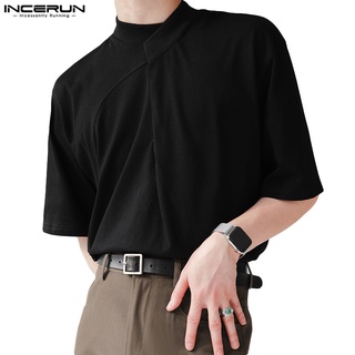 Incerun เสื้อยืดแขนสั้น คอเต่า สีพื้น มีสไตล์ สําหรับผู้ชาย