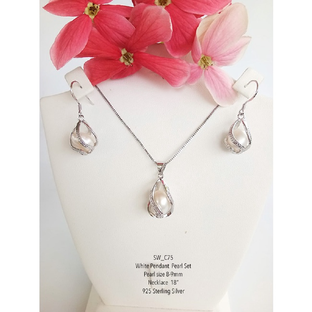 [SW_C75] ชุดเครื่องประดับจี้ไข่มุกแท้ทรงหยดน้ำ 8-9mm(มีสีขาว/ชมพู)