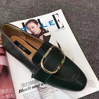 รองเท้า Loafers หัวมน หนังเทียมPU ผิวมัน แต่งห่วงหัวเข็มขัด ส้นเตี้ย