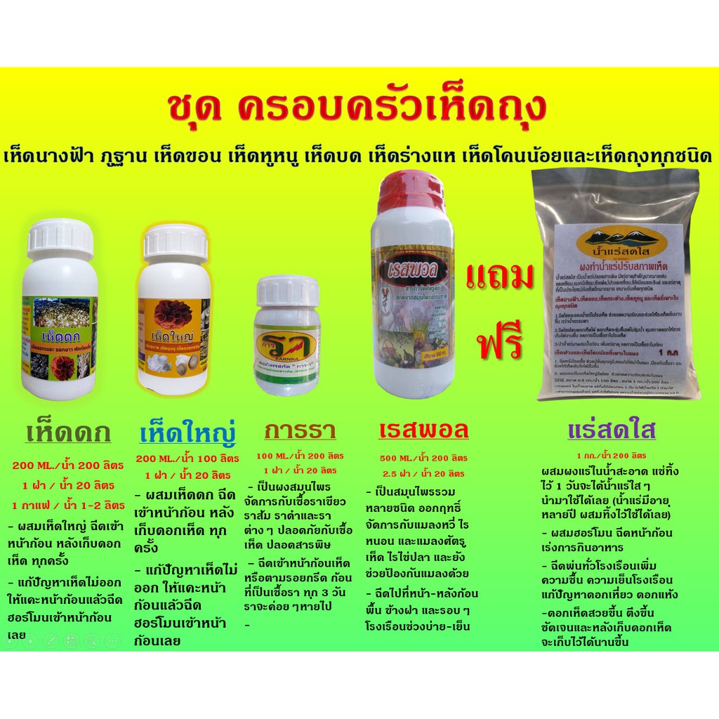 ชุดครอบครัวเห็ดถุง ในชุดจะมี 5 ชนิดคือ ฮอร์โมนเห็ดดก, ฮอร์โมนเห็ดใหญ่(เห็ดถุง),สมุนไพรการรา, สมุนไพรเรสพอล แถมฟรีแร่สดใส