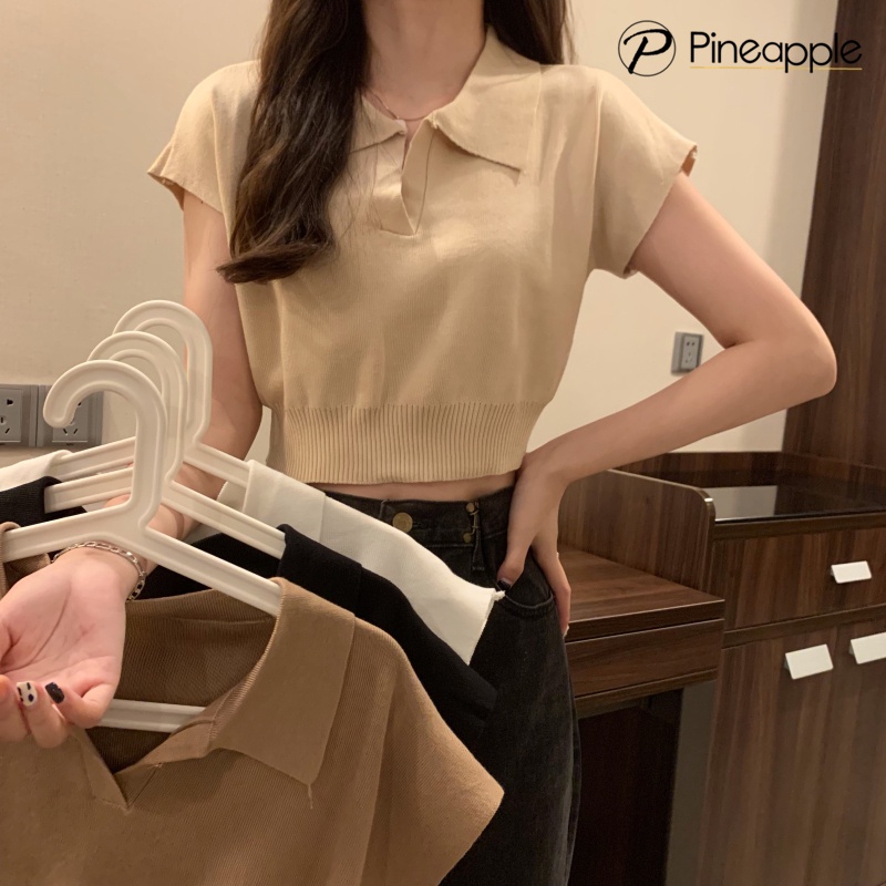 K282 เสื้อครอปถักแขนสั้น คอโปโล สไตล์วินเทจ Polo Neck Knitted Crop-Top