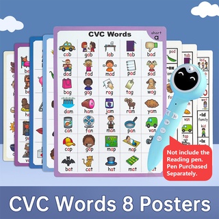 8Pcs CVC Phonics Words Poster Language Arts Skills Charts for Kids Classroom Word Family Wall Educational Posters Pre K Learning Smart Reading Pen