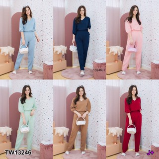 ❤️ TW13246 Set 2 ชิ้น #สาวอวบ เสื้อคอวี แขนสามส่วน จั้มปลายแขน คู่กับกางเกงขายาว ทรงขากระบอกเล็ก มีกระเป๋าล้วงข้างลำตัว