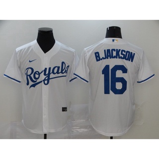 เสื้อกีฬาเบสบอล MLB Kansas City Royals 16 Bo Jackson สีขาว สีฟ้า สีดํา